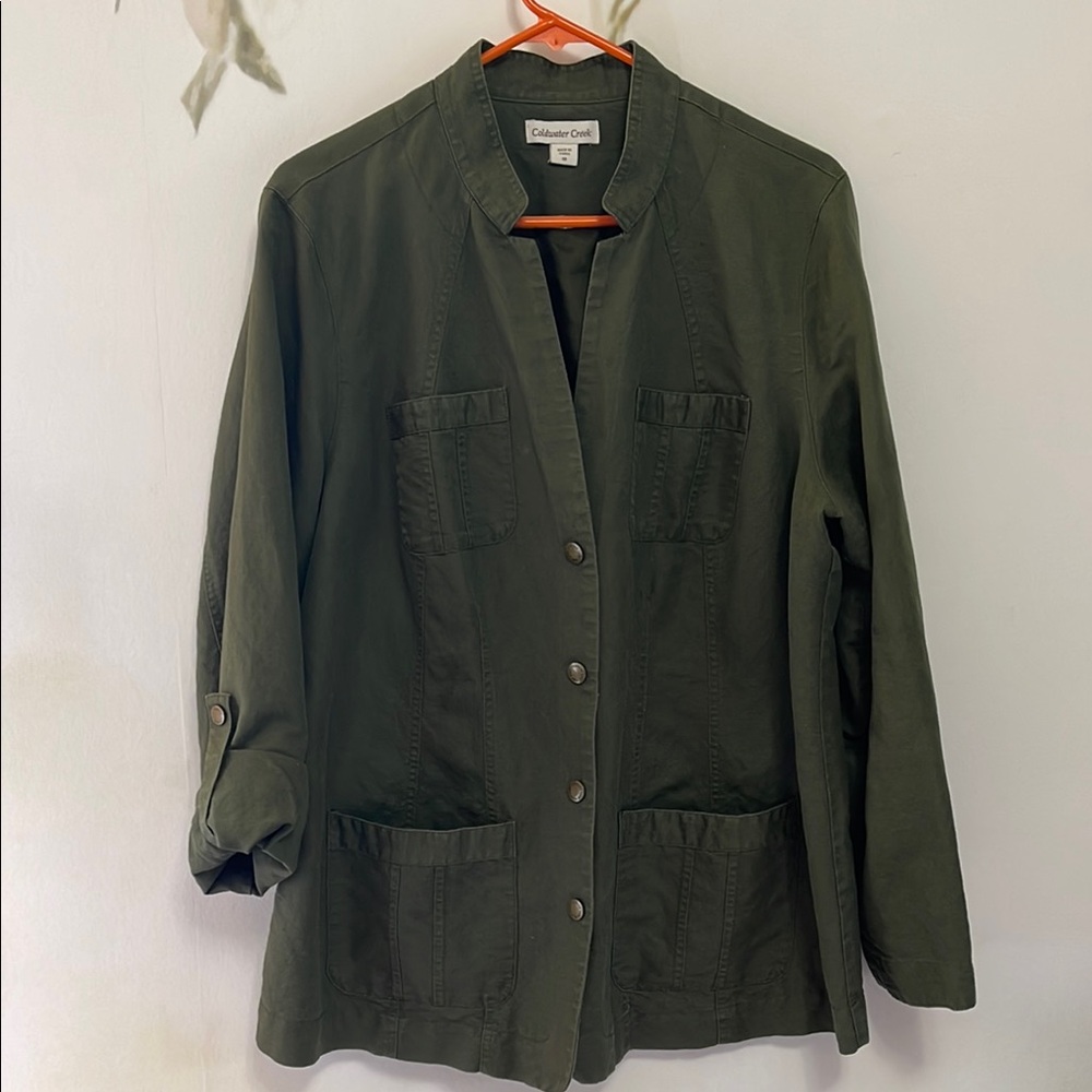 Coldwater Creek Army Green Linen Jacket with Structured Design